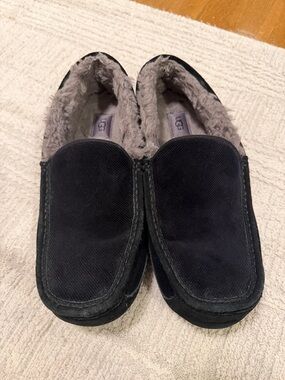 UGG Men's Black Suede Slip-On Moccasin with Gray Shearling Lining